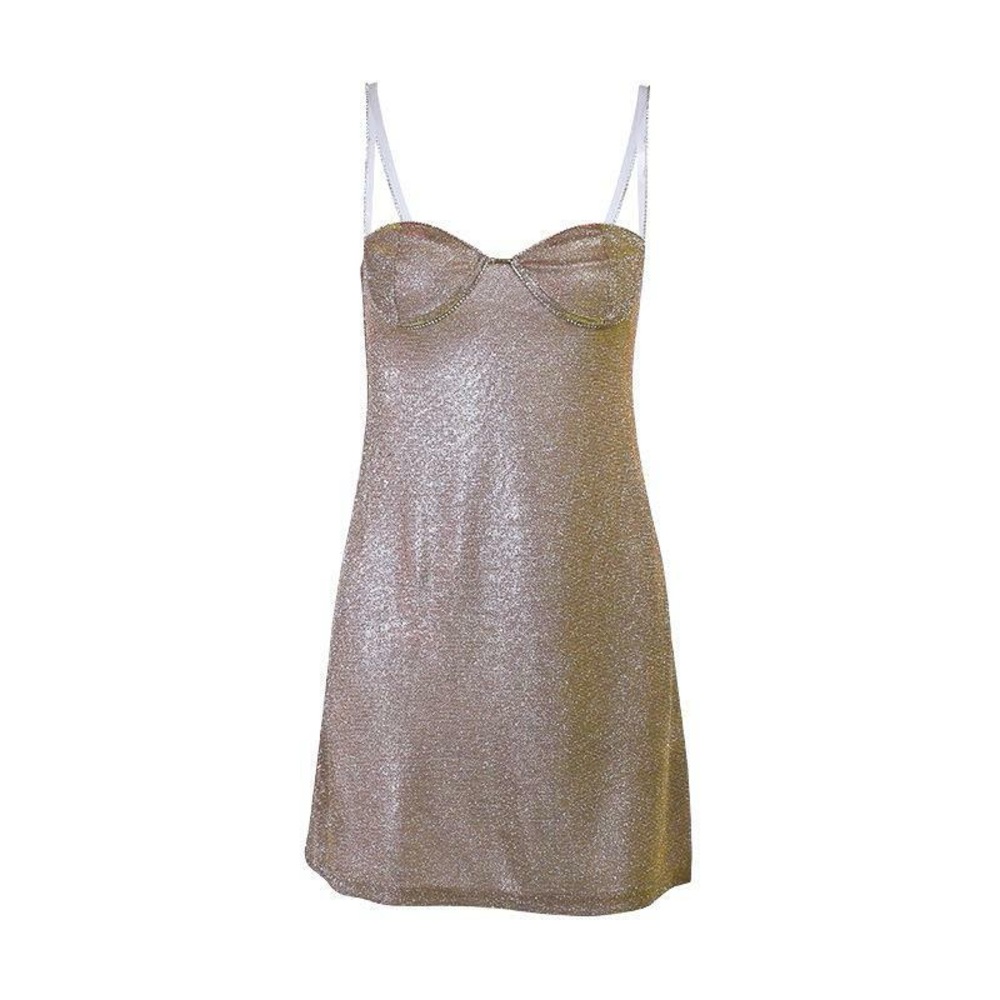 Elegant LOW-CUT GLITTER CAMI DRESS in apricot ladies size medium stretch cute